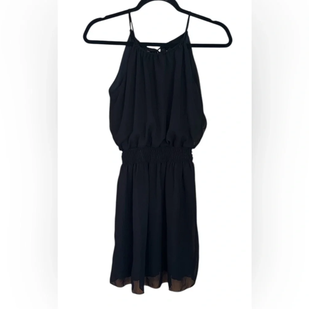 Sweet Storm Halter Neck Smocking Waist Mini Dress. Black, Size Small